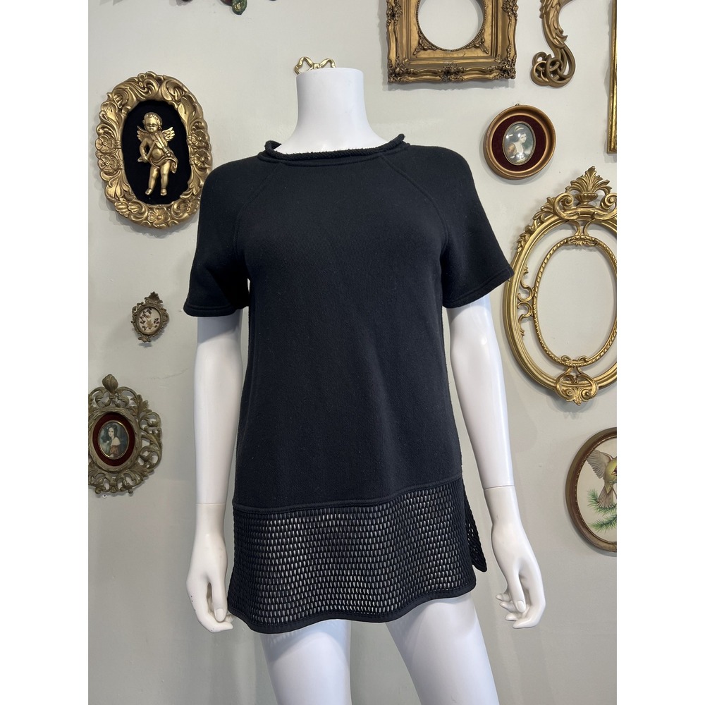 T by Alexander Wang Black Short Sleeve Cotton Top Mesh Hem Detail Size S